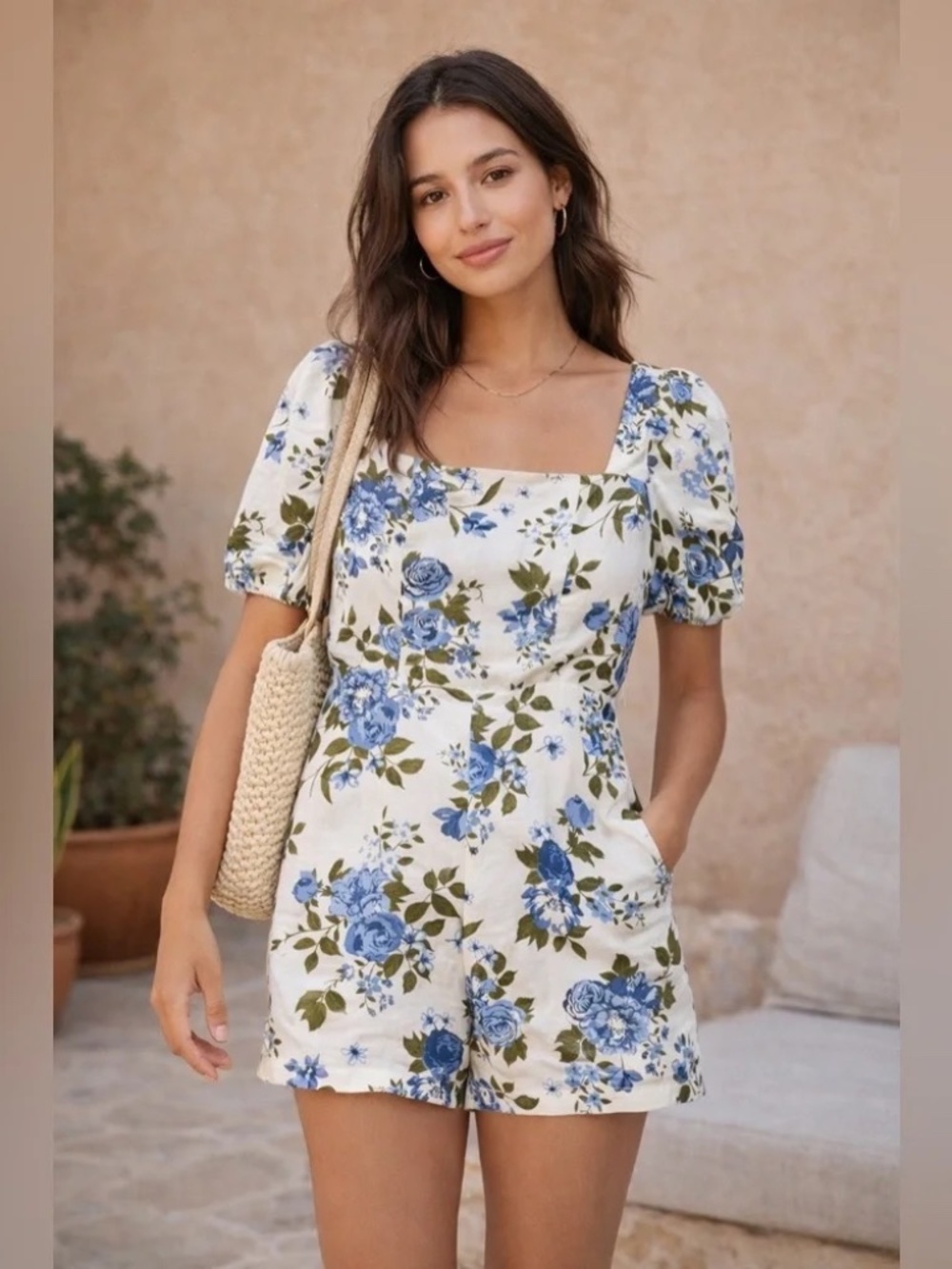 Calypso St Barth Linen Blend Floral Romper Size 8 White Blue